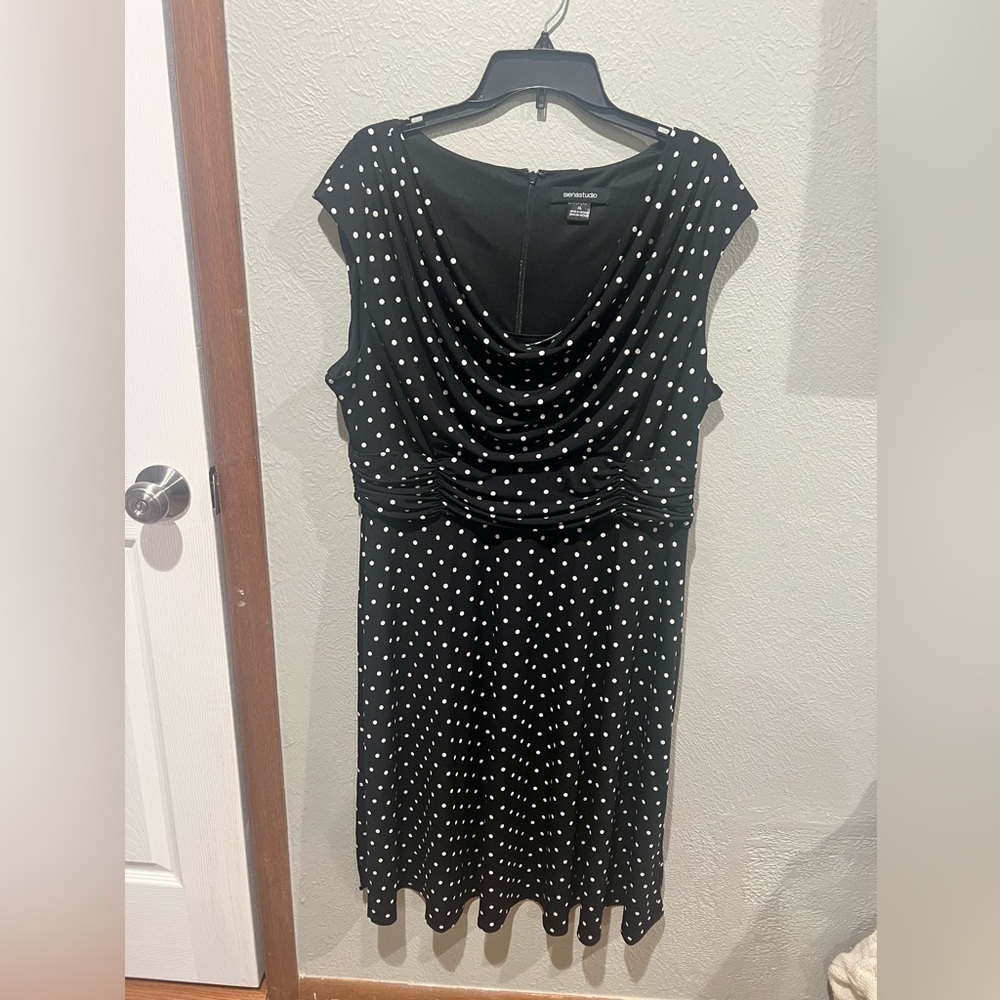 Siena Studio Black Polka Dot Cowl Neck Midi Dress EUC Cute Fun Chic